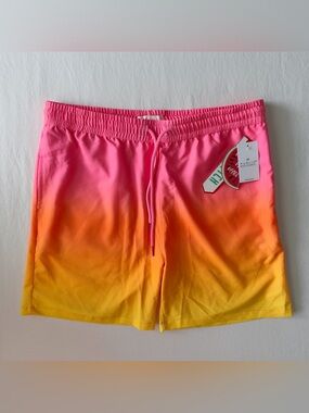 Public Record Elastic Stretch Swim Shorts Trunks Mens Large Neon Pink Orange